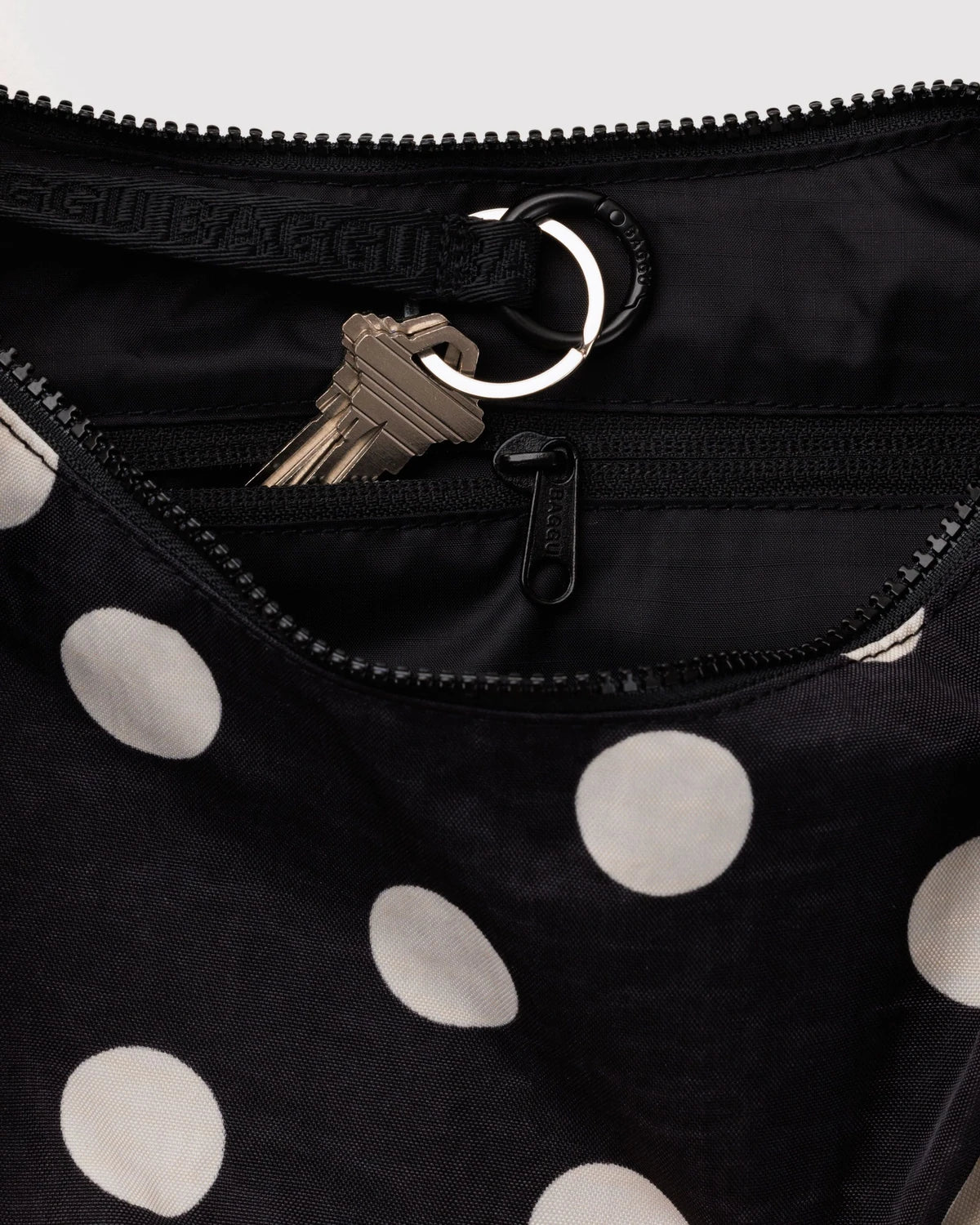 Baggu Medium Nylon Crescent Bag - Black and Cream Polka Dot