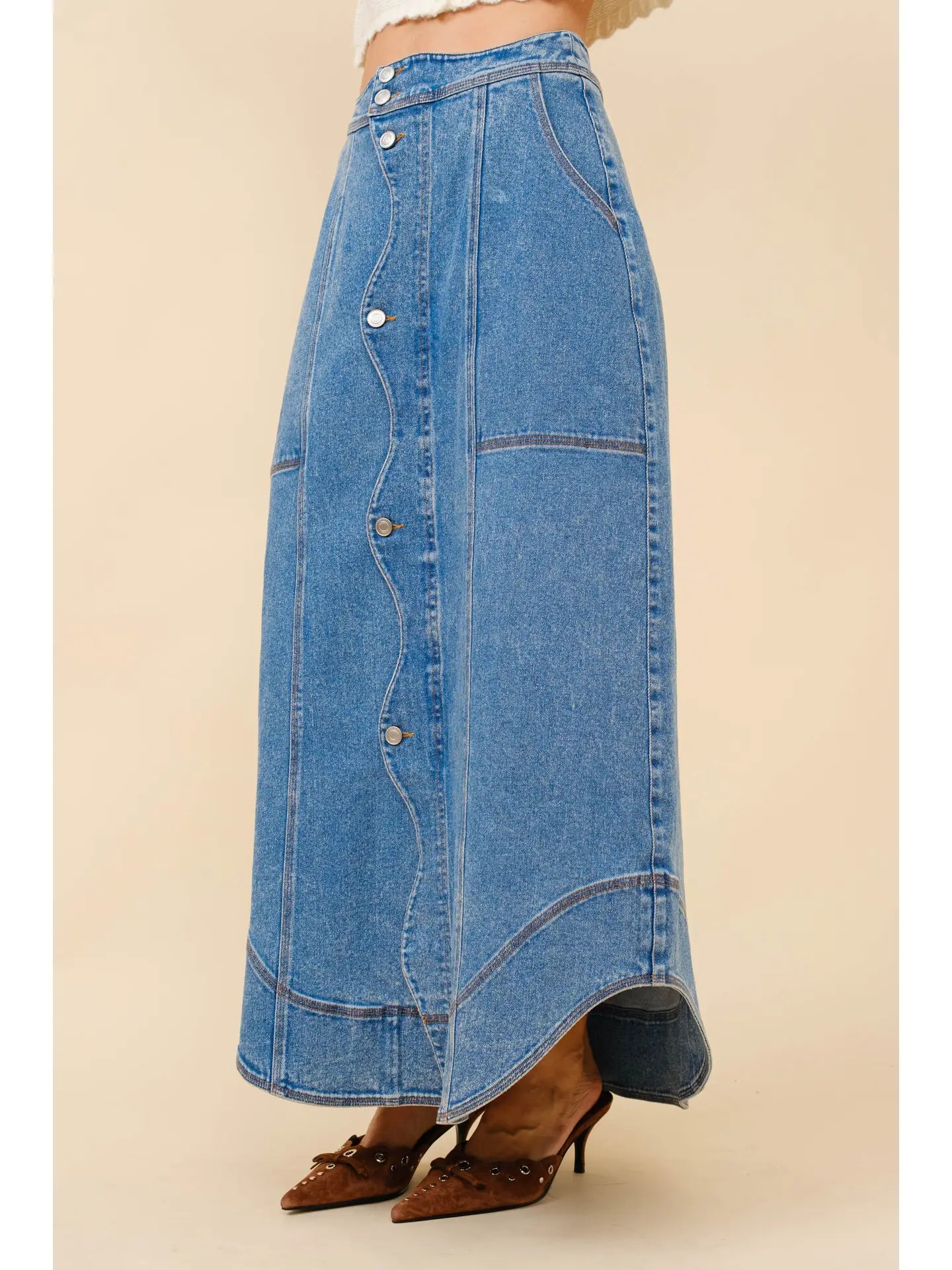 Wavy Denim Maxi Skirt