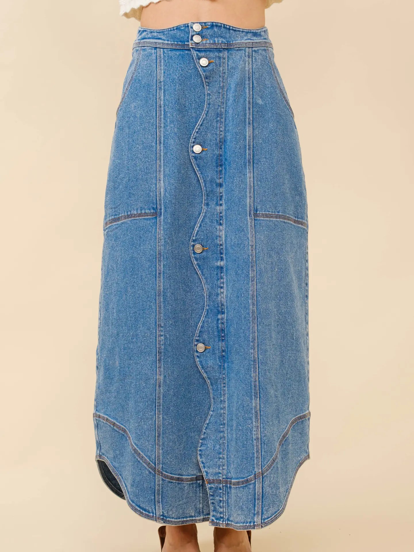 Wavy Denim Maxi Skirt