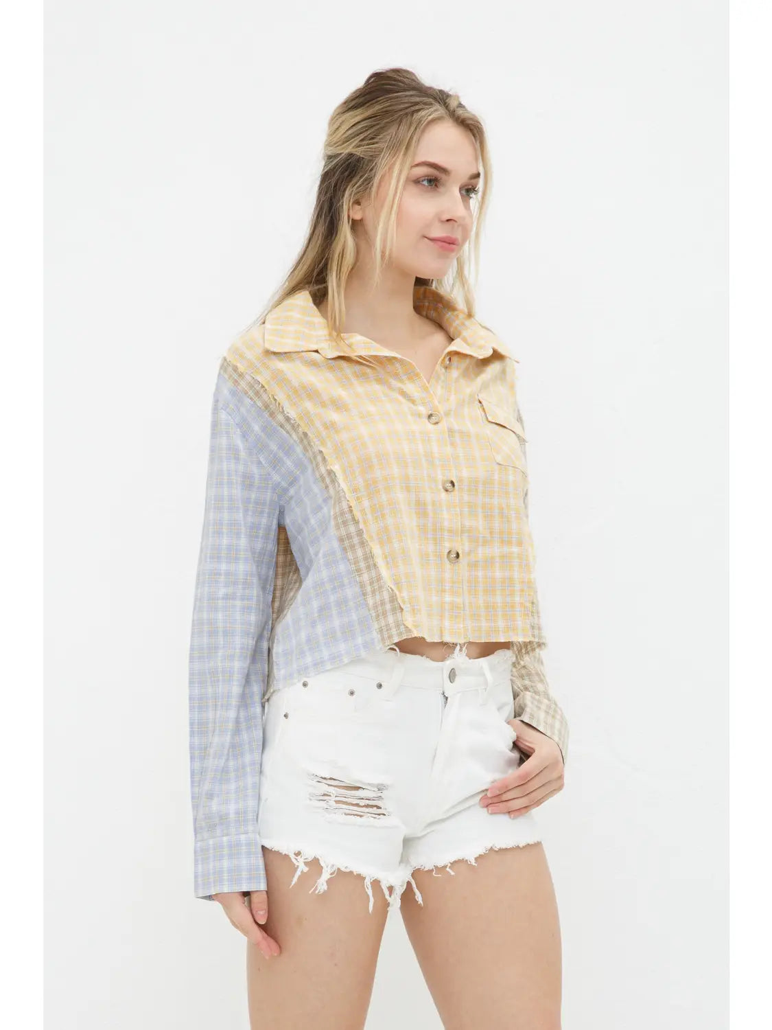 Mixed Plaid Button Up