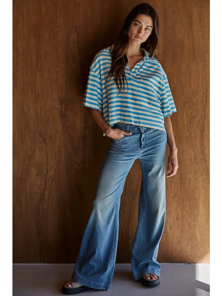 Knit Collar Stripe Crop Top