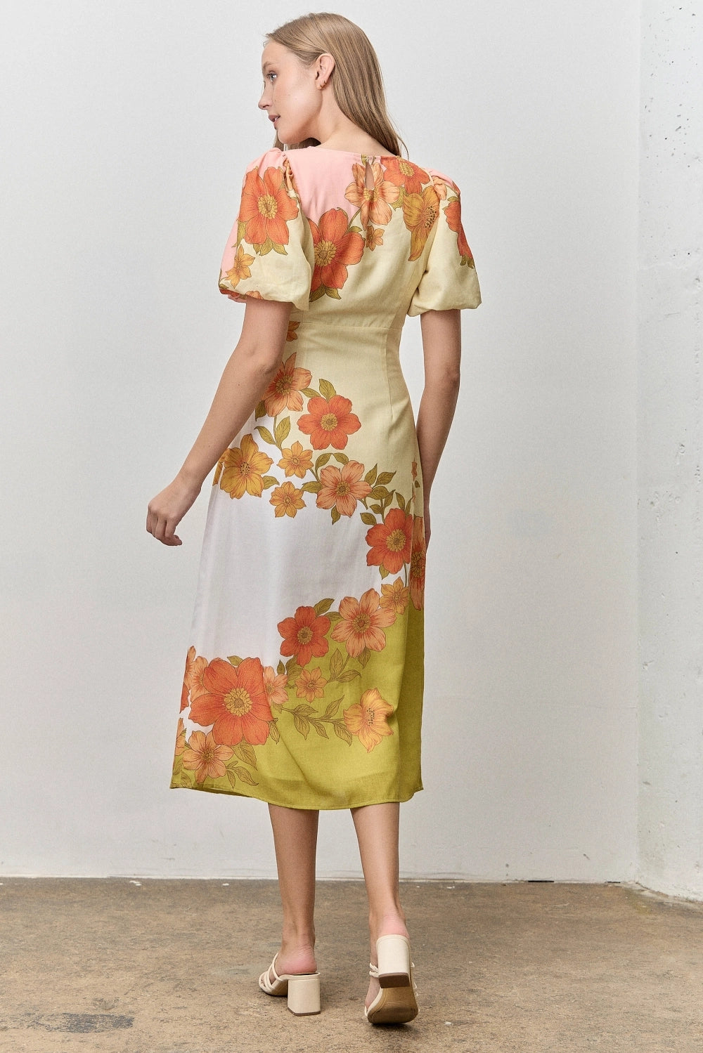 Floral Print Bubble Sleeve Midi Dress