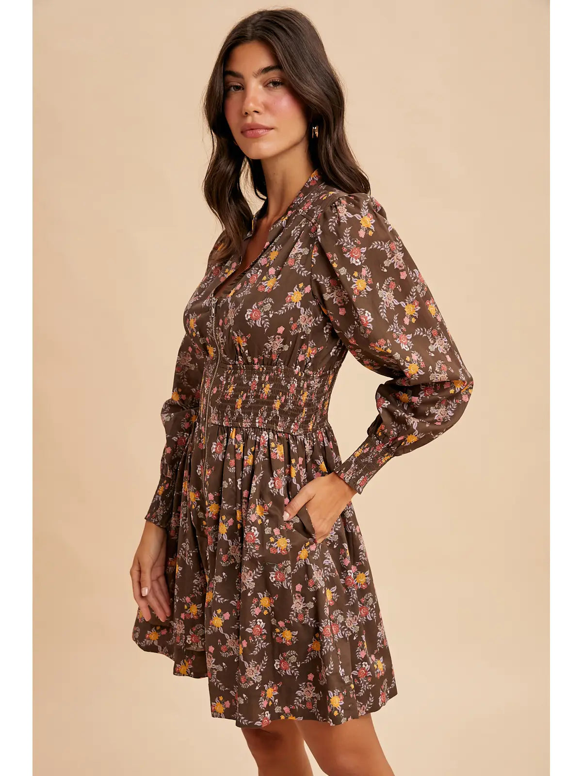 Zippered Floral Mini Dress