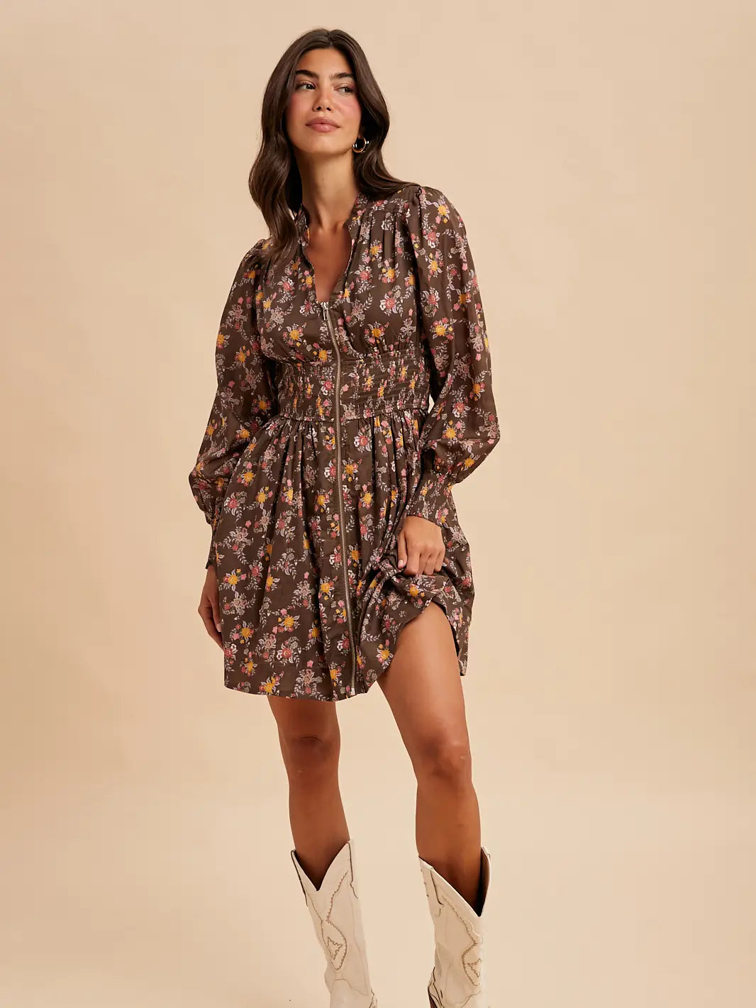 Zippered Floral Mini Dress