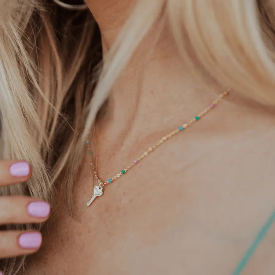 Rainbow Beaded Petite Key Necklace
