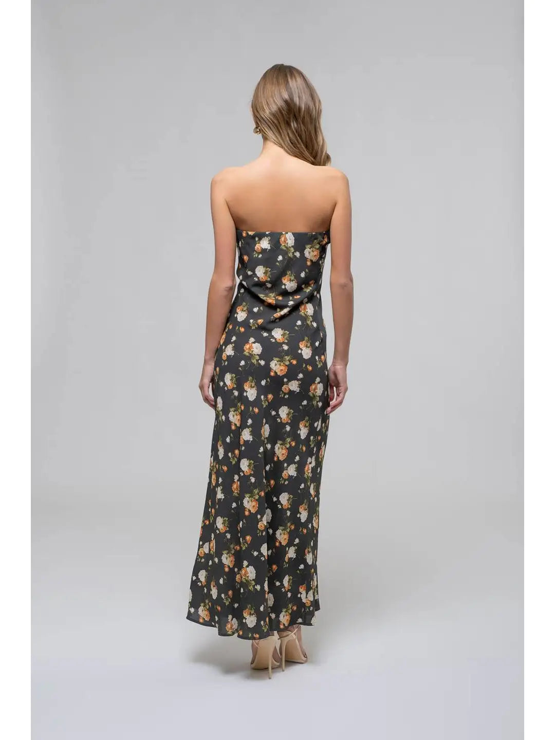 Floral Strapless Satin Midi
