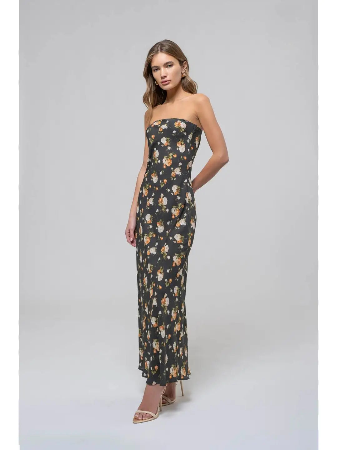 Floral Strapless Satin Midi