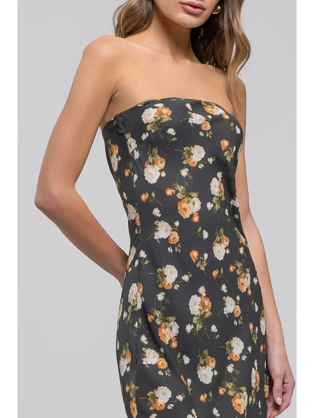 Floral Strapless Satin Midi