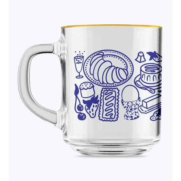 Breakfast Table Blue and Gold Clear Glass Mug