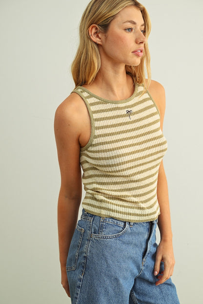 Embroidered Palm Tree Ribbed Tank Top