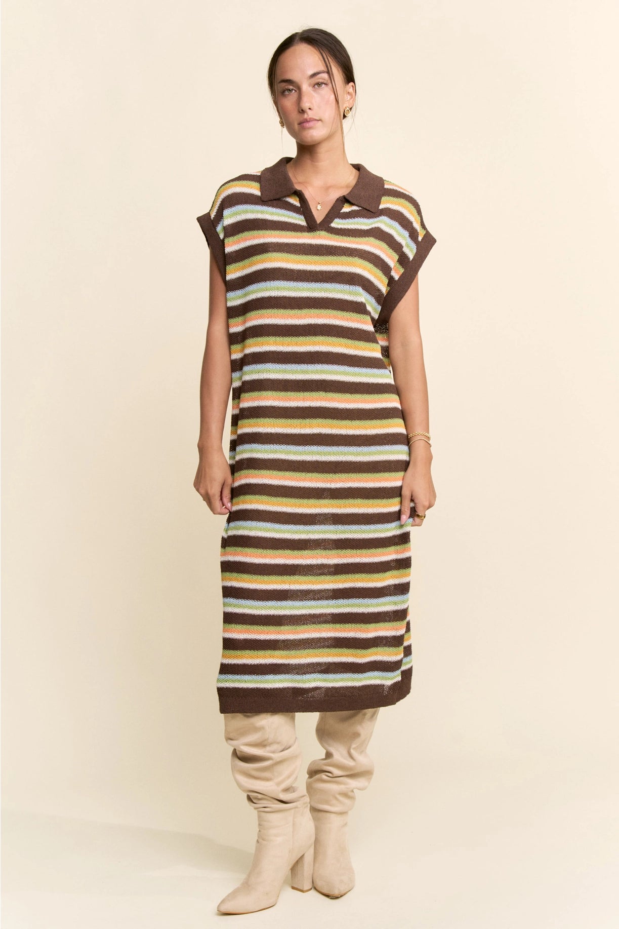 Striped Knit Polo Collar Midi Sweater Dress