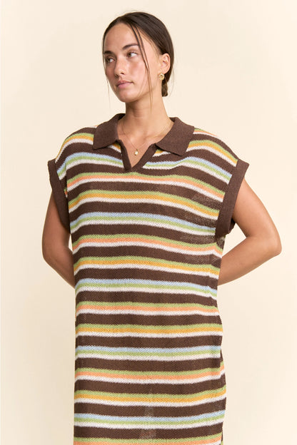 Striped Knit Polo Collar Midi Sweater Dress