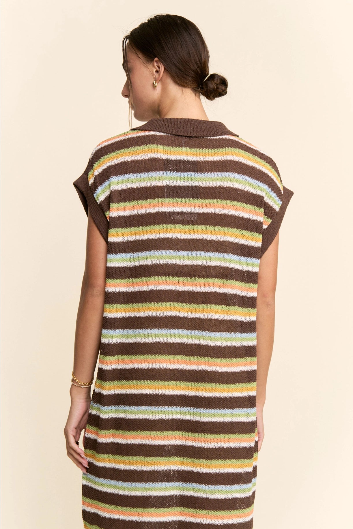 Striped Knit Polo Collar Midi Sweater Dress