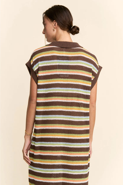 Striped Knit Polo Collar Midi Sweater Dress