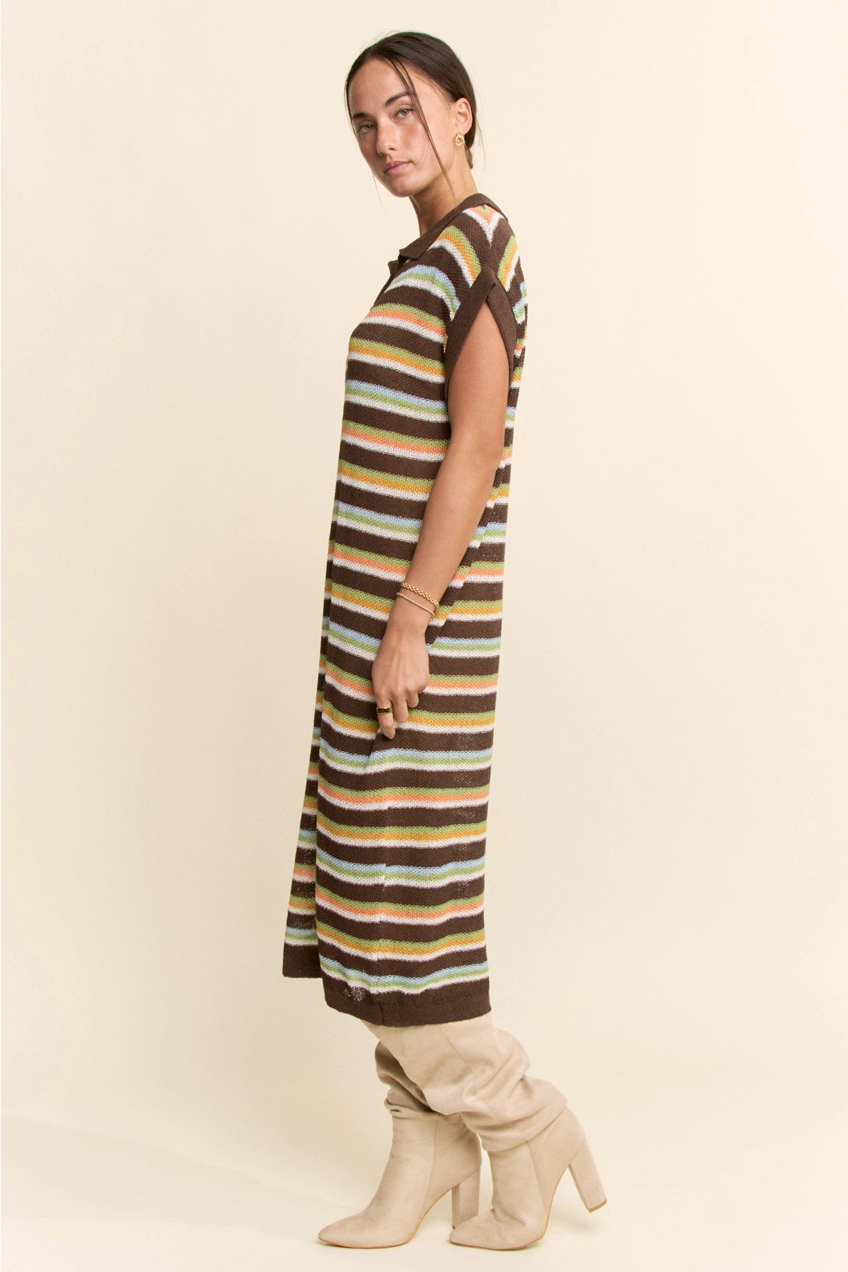 Striped Knit Polo Collar Midi Sweater Dress