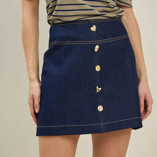 Jewel Button Denim Mini Skirt