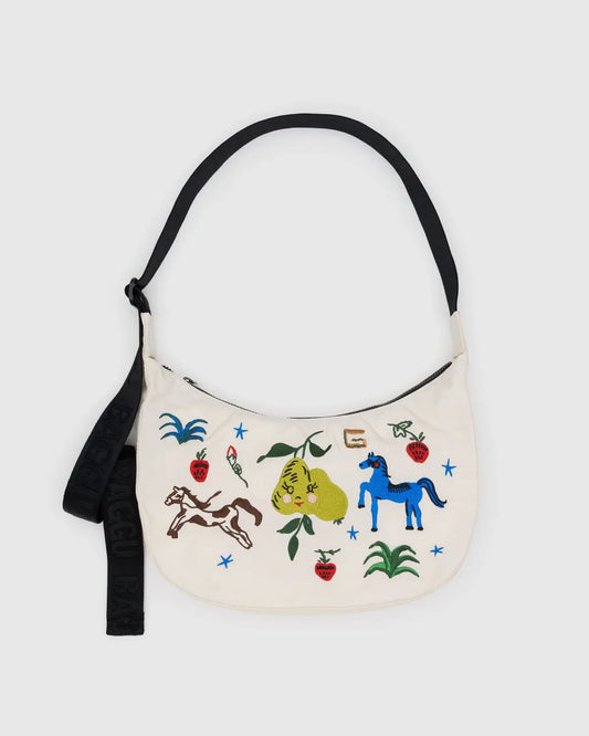 Medium Nylon Crescent Bag -  Embroidered Painted Prairie