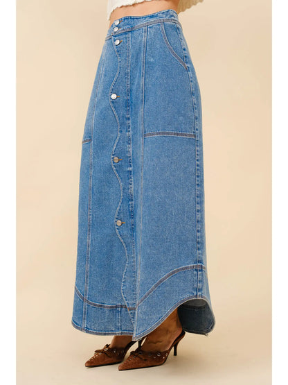 Wavy Denim Maxi Skirt