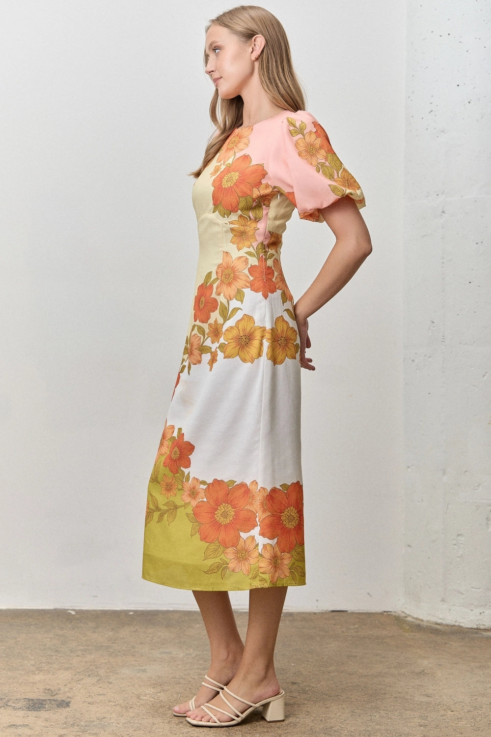 Floral Print Bubble Sleeve Midi Dress