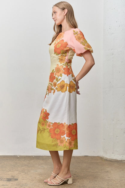 Floral Print Bubble Sleeve Midi Dress