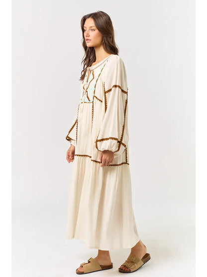 Embroidered Puff Long Sleeve Maxi