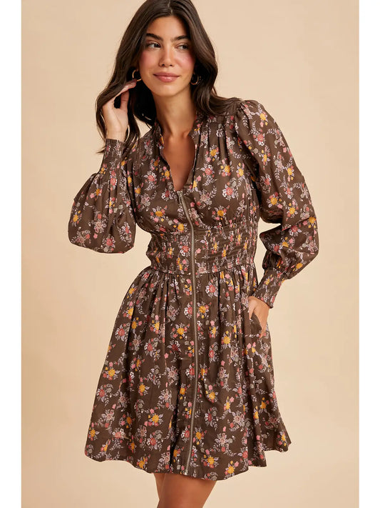 Zippered Floral Mini Dress