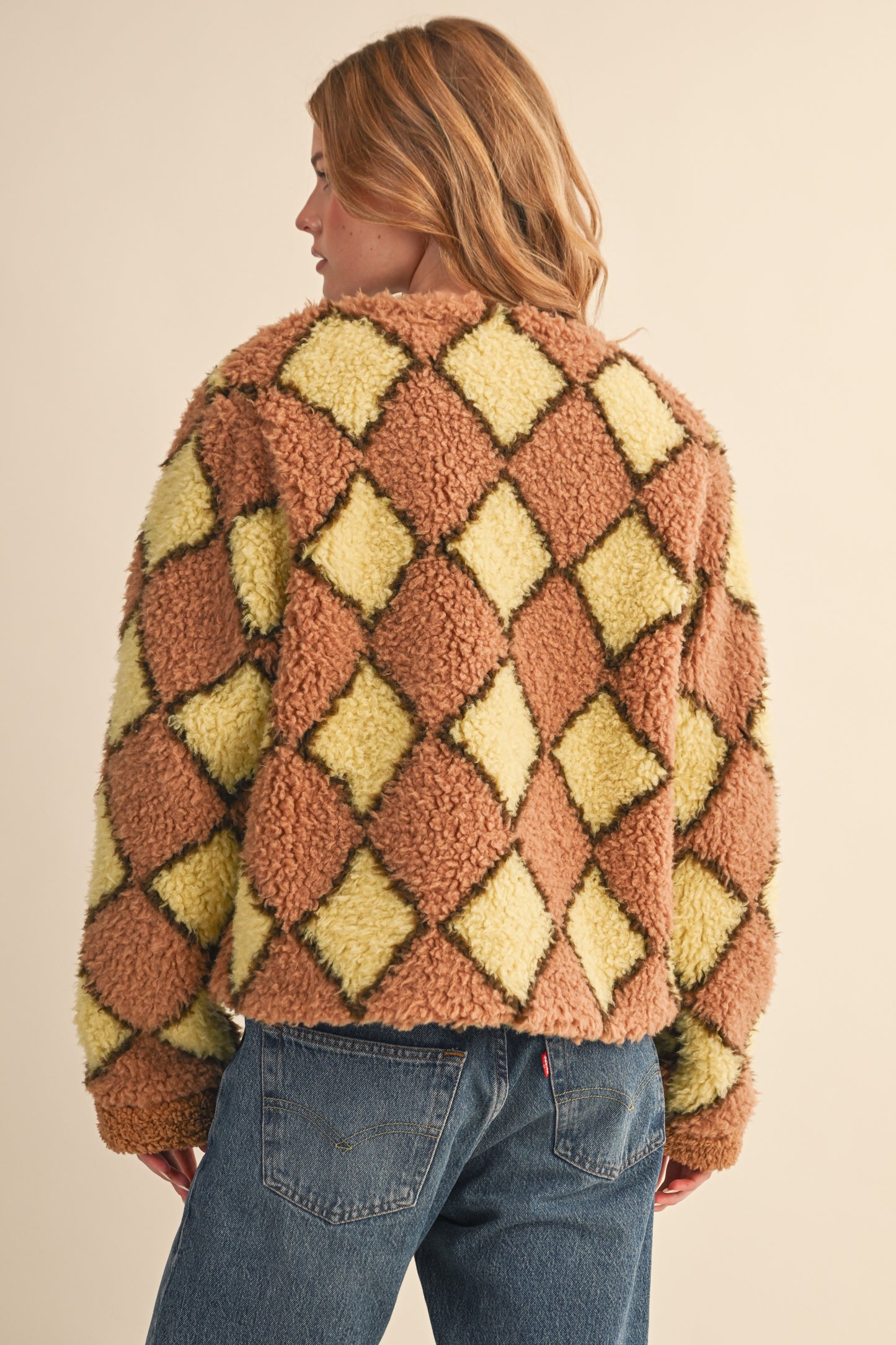 Faux Shearling Argyle Jacket