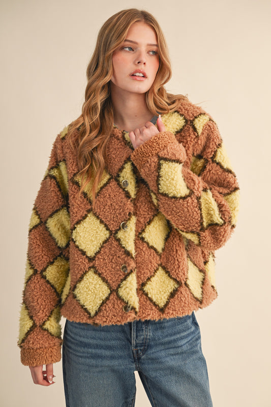 Faux Shearling Argyle Jacket