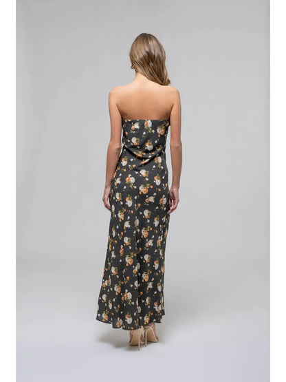 Floral Strapless Satin Midi