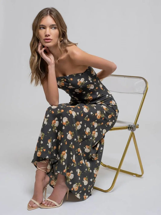 Floral Strapless Satin Midi